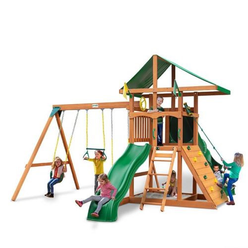 GorillaPlaysetsOutingwithTubeSlideDeluxeGreenVinylCanopyCornerViewWithKids