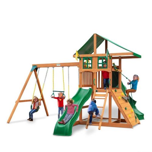 GorillaPlaysetsOutingwithTubeSlideDeluxeGreenVinylCanopyandTreehouseCornerViewWithKids