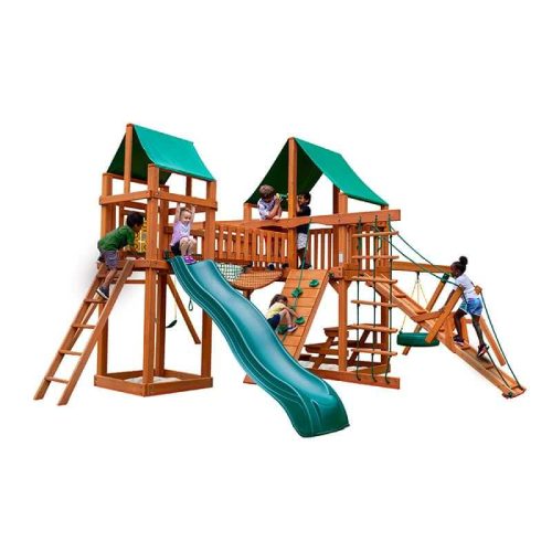 GorillaPlaysetsPioneerPeakSwingSetDeluxeGreenVinylCanopyCornerViewWithKids