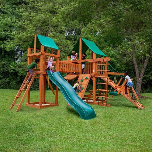 Gorilla Playsets Pioneer Peak Swing Set Deluxe Green Vinyl Canopy Corner View With Kids Outdoor