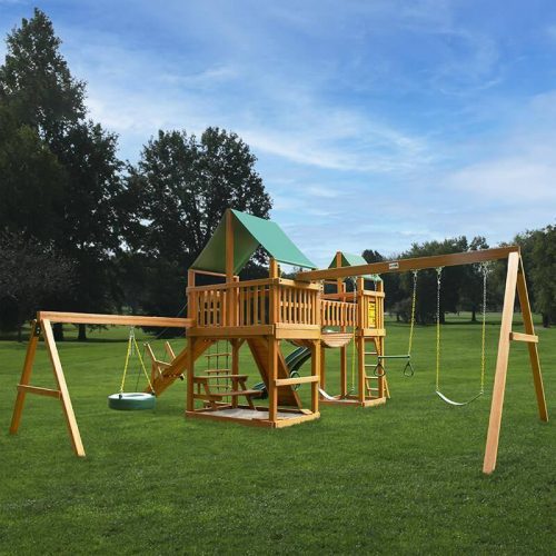 GorillaPlaysetsPioneerPeakSwingSetDeluxeGreenVinylCanopyFrontSideViewOutdoor