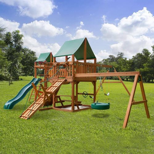 GorillaPlaysetsPioneerPeakSwingSetDeluxeGreenVinylCanopyRearSideViewOutdoor