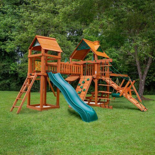 GorillaPlaysetsPioneerPeakSwingSetStandardWoodRoofCornerViewOutdoor