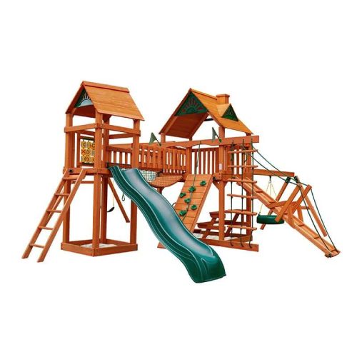 GorillaPlaysetsPioneerPeakSwingSetStandardWoodRoofCornerViewWithKids