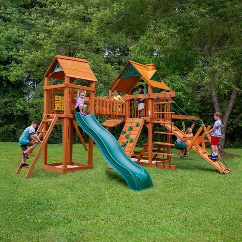 Gorilla Playsets Pioneer Peak Swing Set Standard Wood Roof Corner View With Kids Outdoor