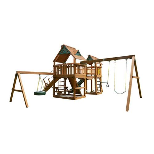 GorillaPlaysetsPioneerPeakSwingSetStandardWoodRoofFrontLeftSideView