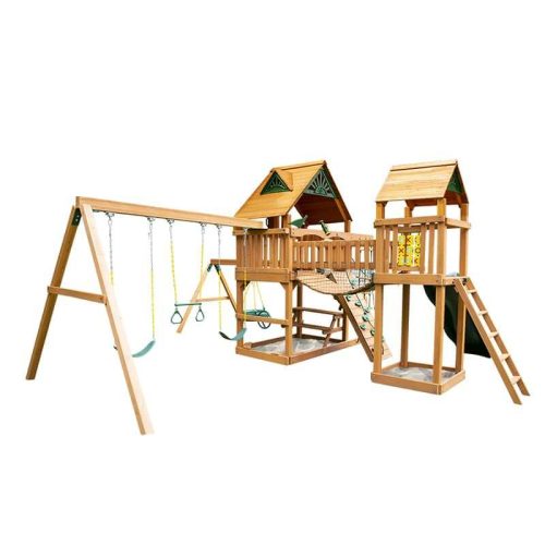 GorillaPlaysetsPioneerPeakSwingSetStandardWoodRoofFrontRightSideView