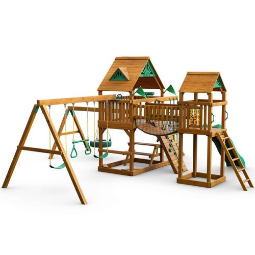 GorillaPlaysetsPioneerPeakSwingSetStandardWoodRoofLeftSideView