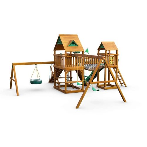 GorillaPlaysetsPioneerPeakSwingSetStandardWoodRoofRearLeftSideView