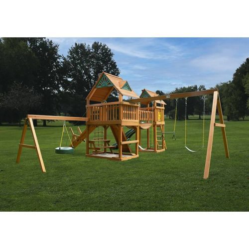 GorillaPlaysetsPioneerPeakSwingSetStandardWoodRoofRearViewOutdoor