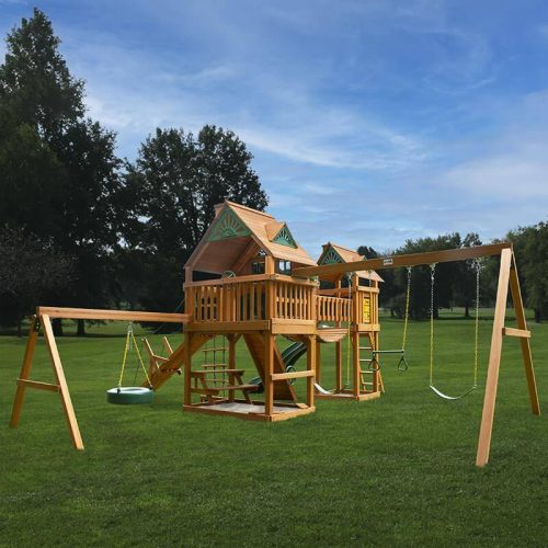 GorillaPlaysetsPioneerPeakSwingSetTreehouseCornerViewFacingLeftOutdoor min