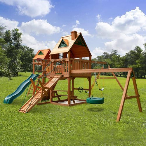 GorillaPlaysetsPioneerPeakSwingSetTreehouseRearSideView min