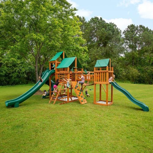 GorillaPlaysetsTreasureTroveIIDeluxeGreenVinylCanopyCornerViewWithKidsOutdoor