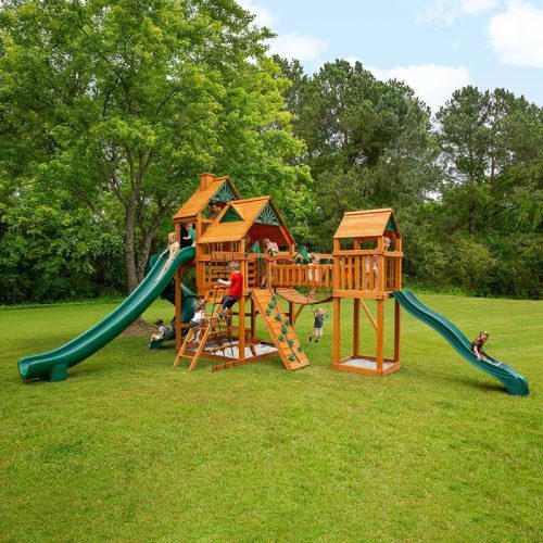 Gorilla Playsets Treasure Trove II Standard Wood Roof Corner View With Kids Outdoor