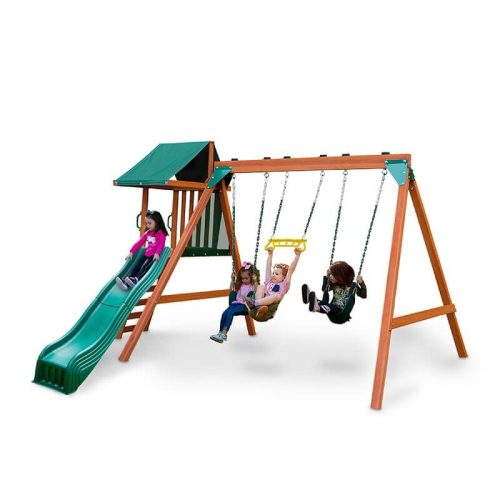 GorillaPlaysetsWoodenSwingSetWithSlideCornerViewWithKids