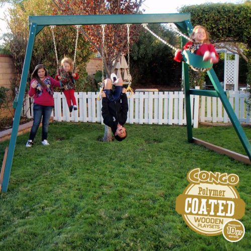 KIdwiseCONGOSwingCentral3PositionSwingSetFrontViewAllGreenWithKidsPlayingOneKidHangingOnTrapezeBar