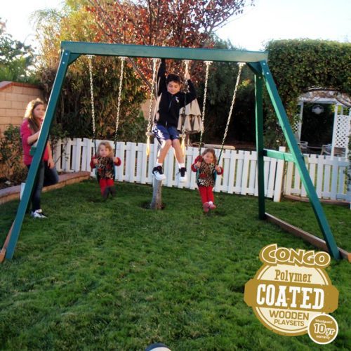 KIdwise CONGO Swing Central 3 Position Swing Set Front View All Green With Kids Playing Sitting On Trapeze Bar