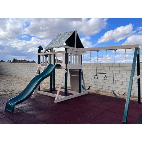 KIdwiseCongoMonkeyPlaySystem 1withSwingBeamGreenAndSandCamoTarpFrontLeftSideViewOutdoor