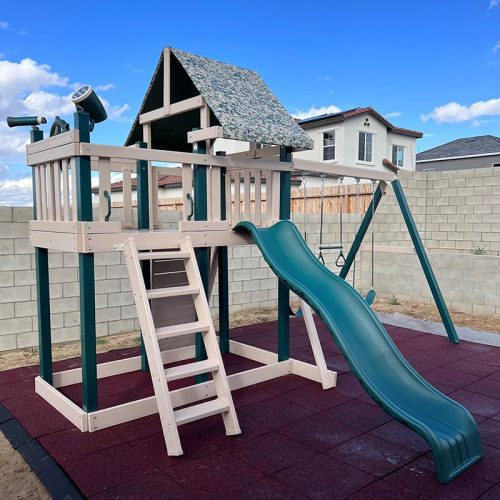 KIdwiseCongoMonkeyPlaySystem 1withSwingBeamGreenAndSandCamoTarpFrontRightSideViewOutdoor