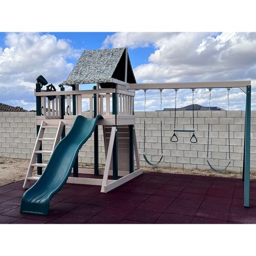 KIdwiseCongoMonkeyPlaySystem 1withSwingBeamGreenAndSandCamoTarpFrontViewOutdoor