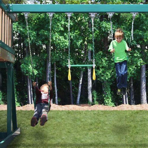 KIdwiseCongoMonkeyPlaySystem 1withSwingBeamGreenAndSandFrontViewKidSwingingOutdoor