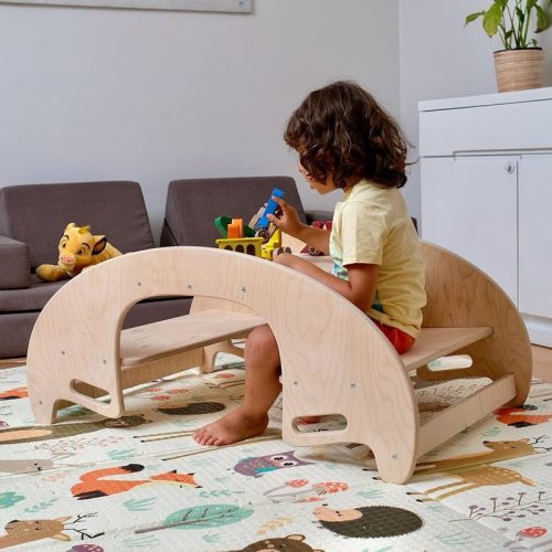 Kidodido2In1MontessoriWoodenSeesawandTableChairSetAKidSittingOrganizingHistoys