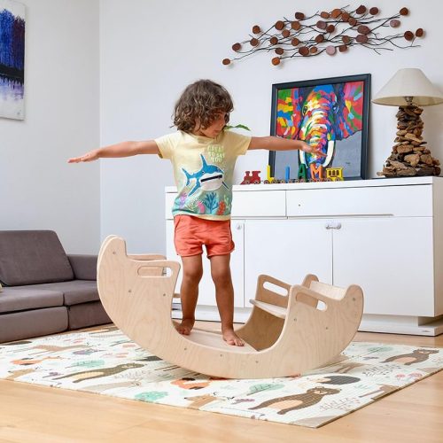 Kidodido2In1MontessoriWoodenSeesawandTableChairSetAKidStandingInThemiddleBalancing