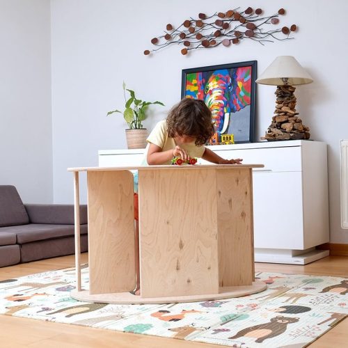 Kidodido2In1MontessoriWoodenSeesawandTableChairSetCountertopAKidPlayingACar