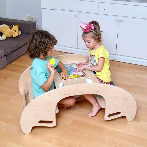 Kidodido2In1MontessoriWoodenSeesawandTableChairSetDroneShot2KidsEnjoyingAWoodenToys