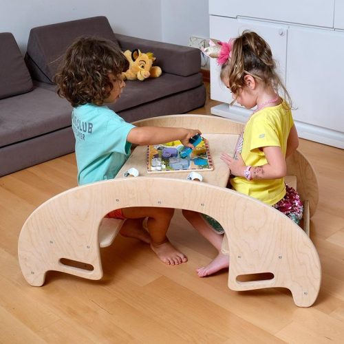 Kidodido2In1MontessoriWoodenSeesawandTableChairSetDroneShot2KidsSittingAndPlaying