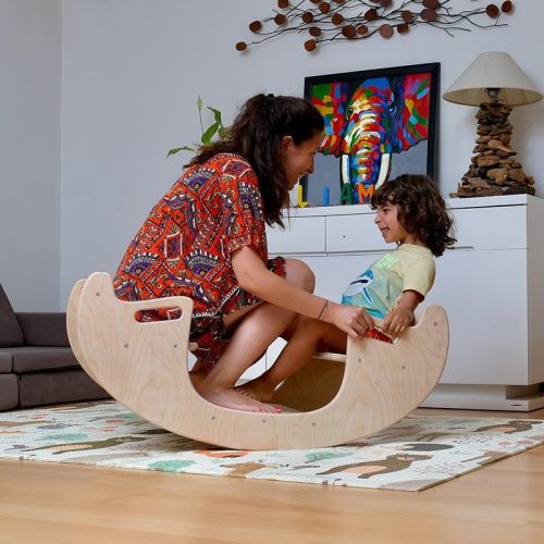 Kidodido2In1MontessoriWoodenSeesawandTableChairSetShowingAMotherAndSonSwingingTheSeesaw