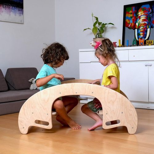 Kidodido2In1MontessoriWoodenSeesawandTableChairSetSideView2KidsSittingAndPlaying