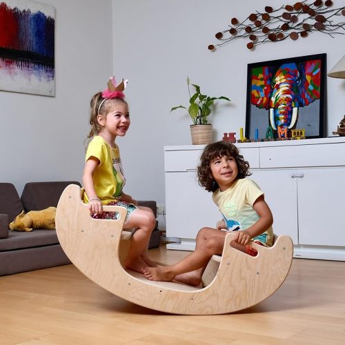 Kidodido2In1MontessoriWoodenSeesawandTableChairSetSideViewOf2KidsPlayingSeesaw