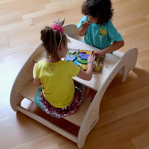 Kidodido2In1MontessoriWoodenSeesawandTableChairSetTopViewOf2KidsPlayingAWoodenAnimalsPuzzles