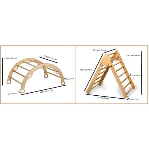 Kidodido5PiecesClimbingSet ClimbingTriangleArchRocker XLPillowand2RampsFrontViewClimbingTriangleAndArcRockerWithDimensions