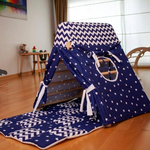 KidodidoClimbingTriangleWithTentCover Mat RampBlueAndWhiteCoverCornerViewOpenFacingLeft