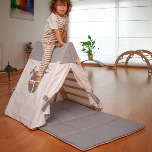 KidodidoClimbingTriangleWithTentCover Mat RampWhiteAndGrayCoverOnTopOfTentSitting