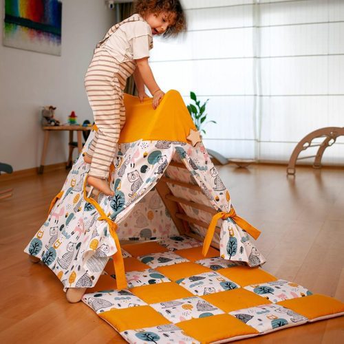 Kidodido Climbing Triangle With Tent Cover, Mat, Ramp Yellow And White Cover With A Kid On Top Of Tent