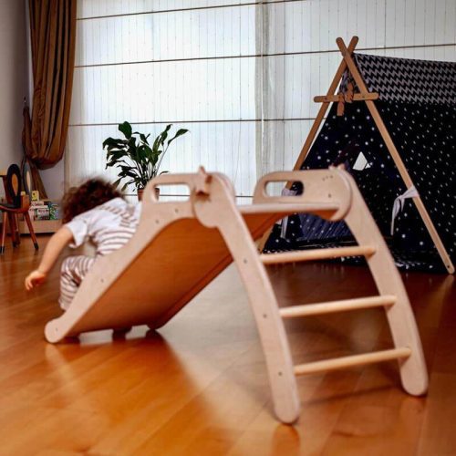 KidodidoFoldableWoodenSlideRearViewWithClimbingTriangleWithCover