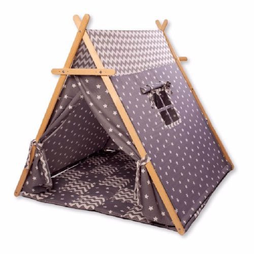 Kidodido Gray Stars Play Tent and Play Mat Front Side View With Play Mat