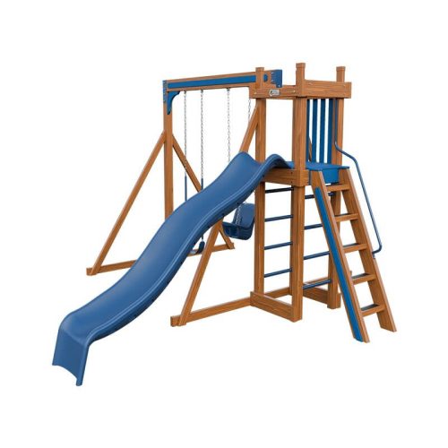 base camp 22 vinyl playset chestnut wood blue front right