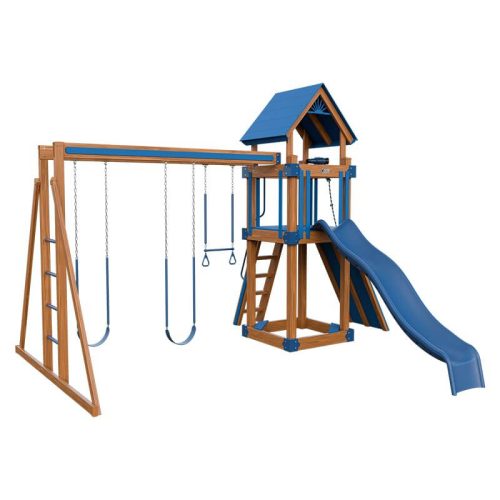 base camp 44 vinyl playset chestnut wood blue front left