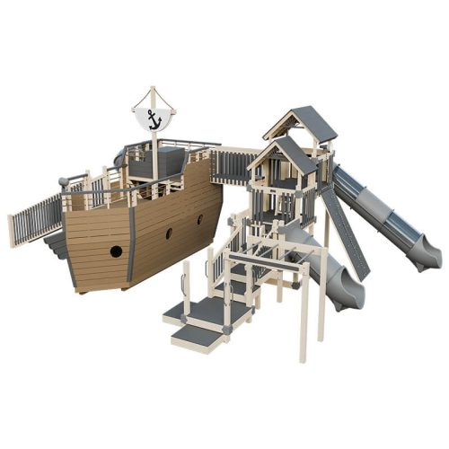 buccaneer pirate ship outdoor playset almond gray front