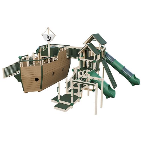 buccaneer pirate ship outdoor playset almond green front