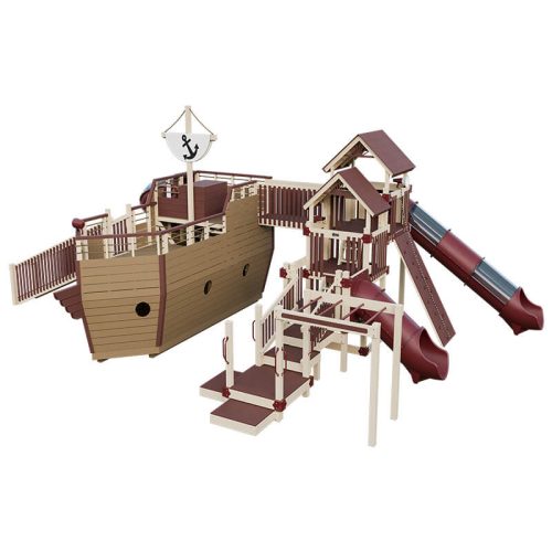 buccaneer pirate ship outdoor playset almond red front