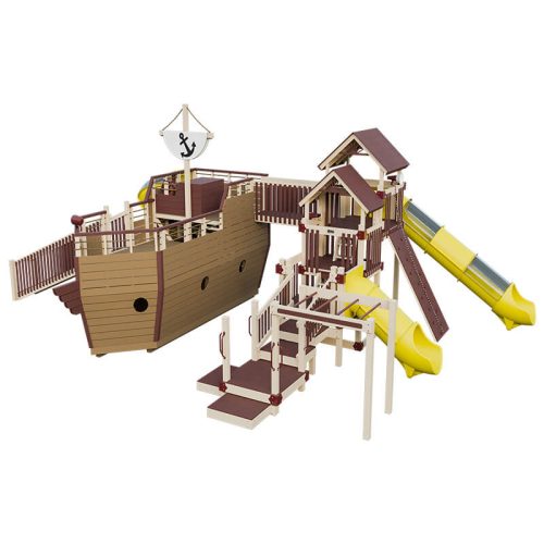 buccaneer pirate ship outdoor playset almond red yellow front