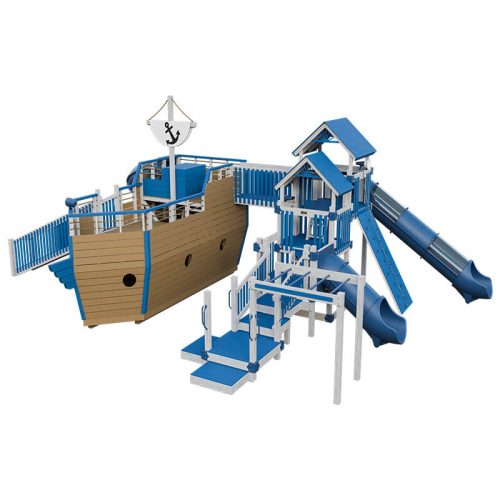 buccaneer pirate ship outdoor playset ash wood blue front