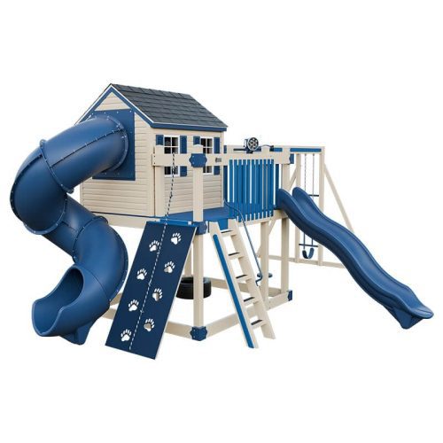 cabin deluxe playhouse with swing almond blue front left