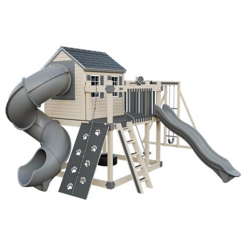 cabin deluxe playhouse with swing almond gray front left