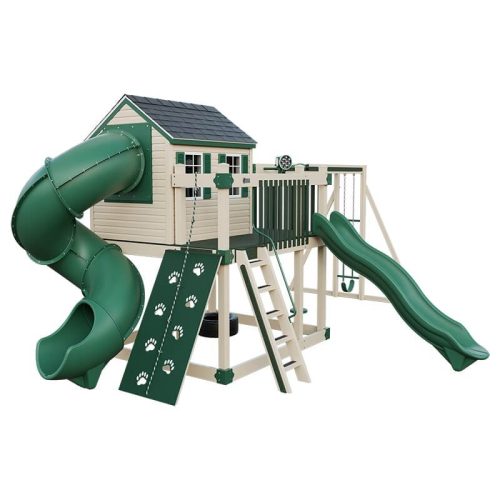 cabin deluxe playhouse with swing almond green front left